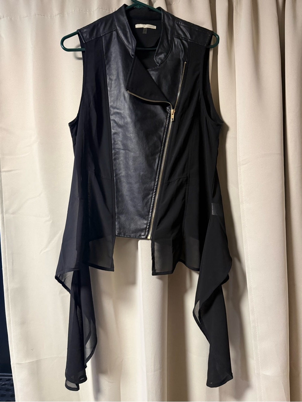 Asymmetrical Sheer Panel Faux Leather Vest - Black
